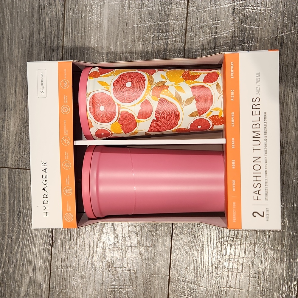 NWT Hydragear 2 pc set Fashion Tumblers w/twist-on lid & reusable straw …